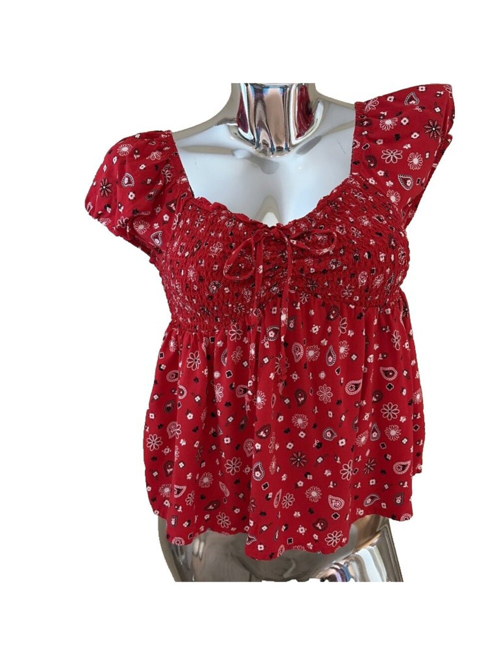 VTG Daisy Bandana Print Crop Top  Junior's S Red Babydoll Smocked Milkmaid Boho